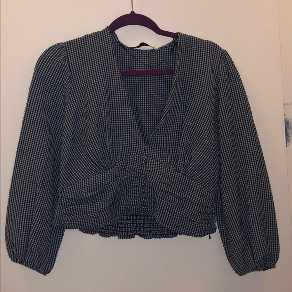 Navy Blue/White Gingham V-Neck Blouse